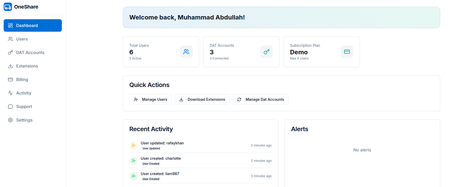 OneShare dashboard overview showing team management